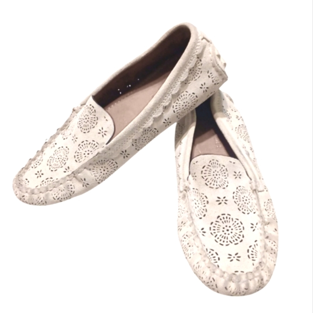 Coach White Laser-Cut Leather Moccasin Flats